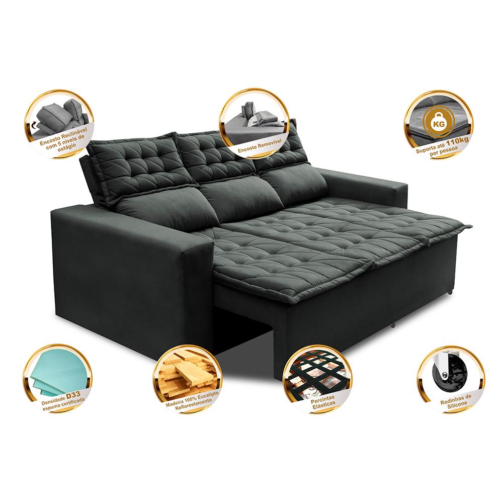 Sofá 3 Lugares Retrátil e Reclinável Cama inBox Slim 2,00m Velusoft Cinza