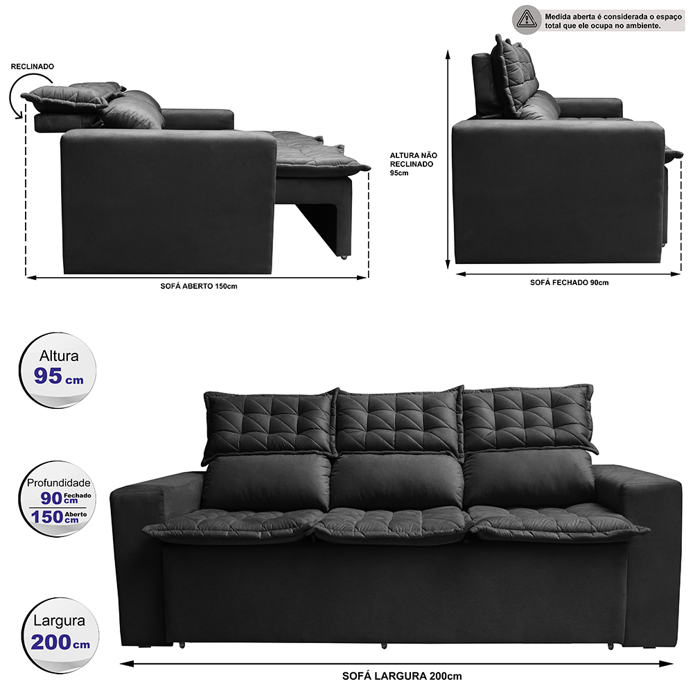 Sofá 3 Lugares Retrátil e Reclinável Cama inBox Slim 2,00m Velusoft Preto