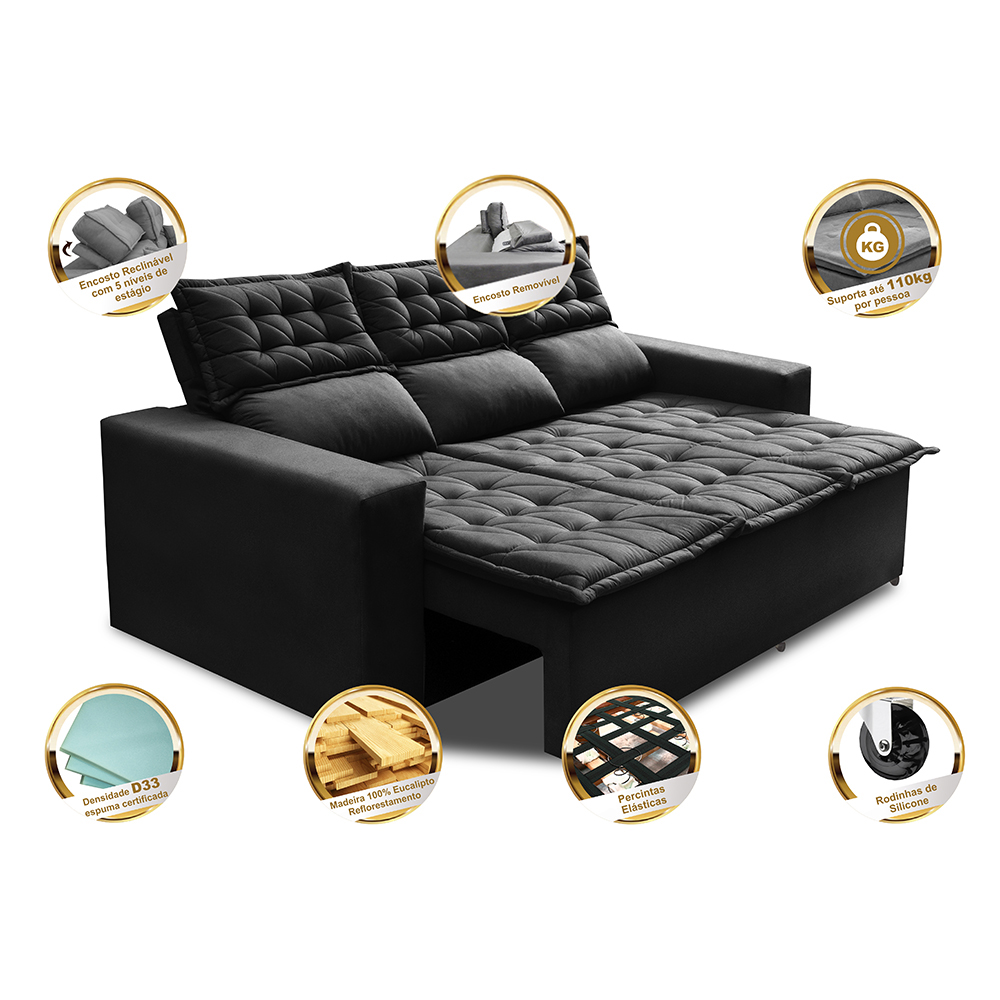 Sofá 3 Lugares Retrátil e Reclinável Cama inBox Slim 2,00m Velusoft Preto