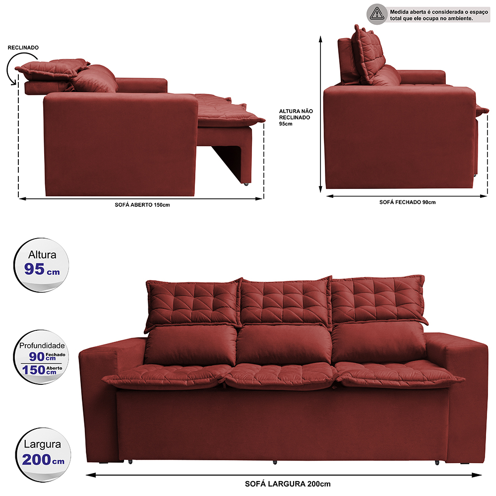 Sofá 3 Lugares Retrátil e Reclinável Cama inBox Slim 2,00m Velusoft Vermelho