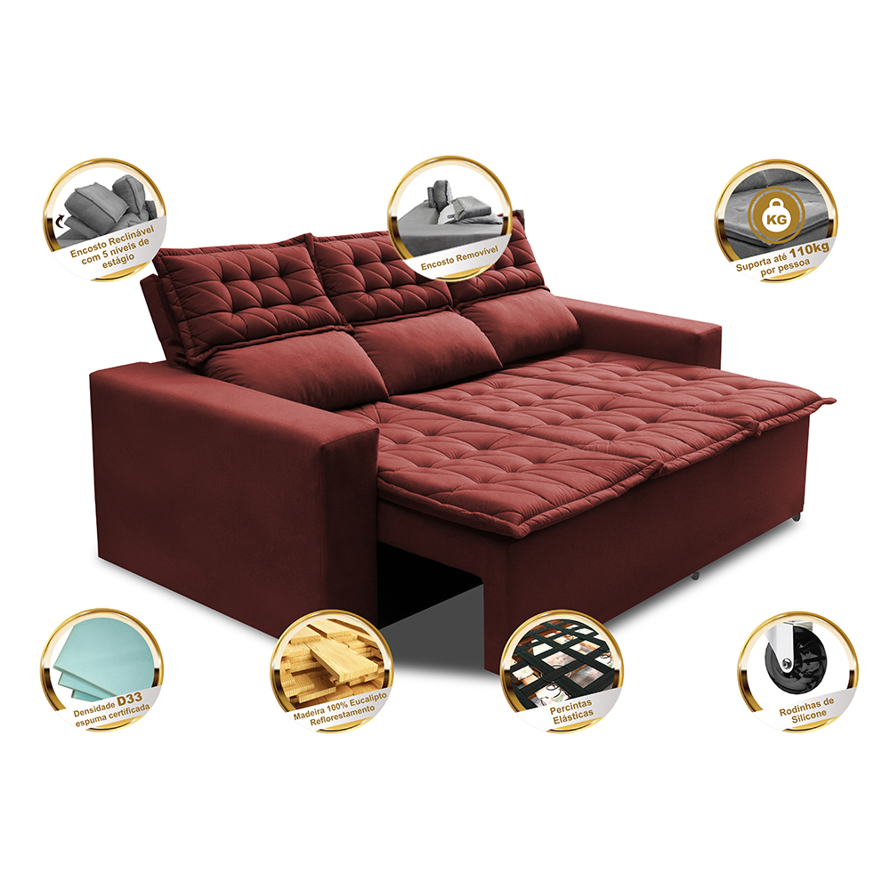 Sofá 3 Lugares Retrátil e Reclinável Cama inBox Slim 2,00m Velusoft Vermelho