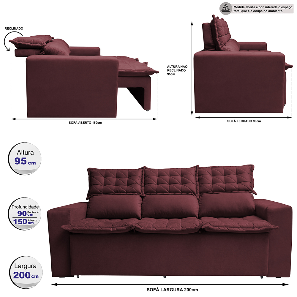 Sofá 3 Lugares Retrátil e Reclinável Cama inBox Slim 2,00m Velusoft Vinho
