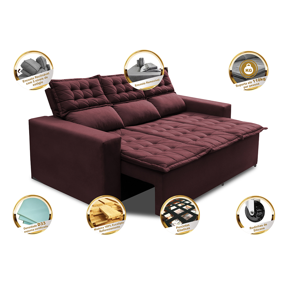 Sofá 3 Lugares Retrátil e Reclinável Cama inBox Slim 2,00m Velusoft Vinho
