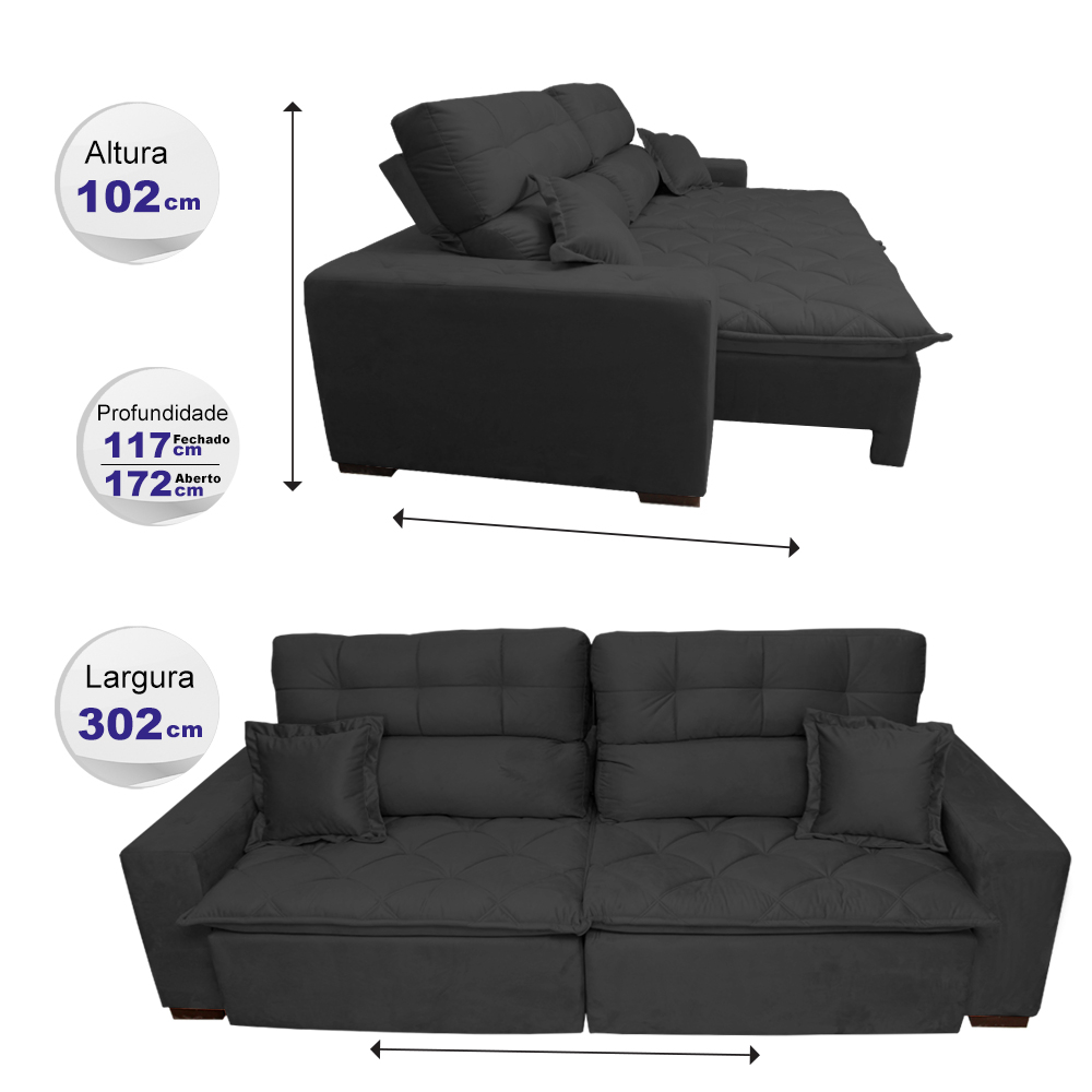 Sofá 3,02m Retrátil e Reclinável com Molas Cama inBox Confort Tecido Suede Velusoft Preto