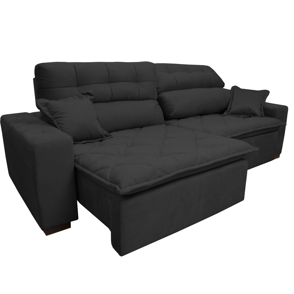 Sofá 3,02m Retrátil e Reclinável com Molas Cama inBox Confort Tecido Suede Velusoft Preto