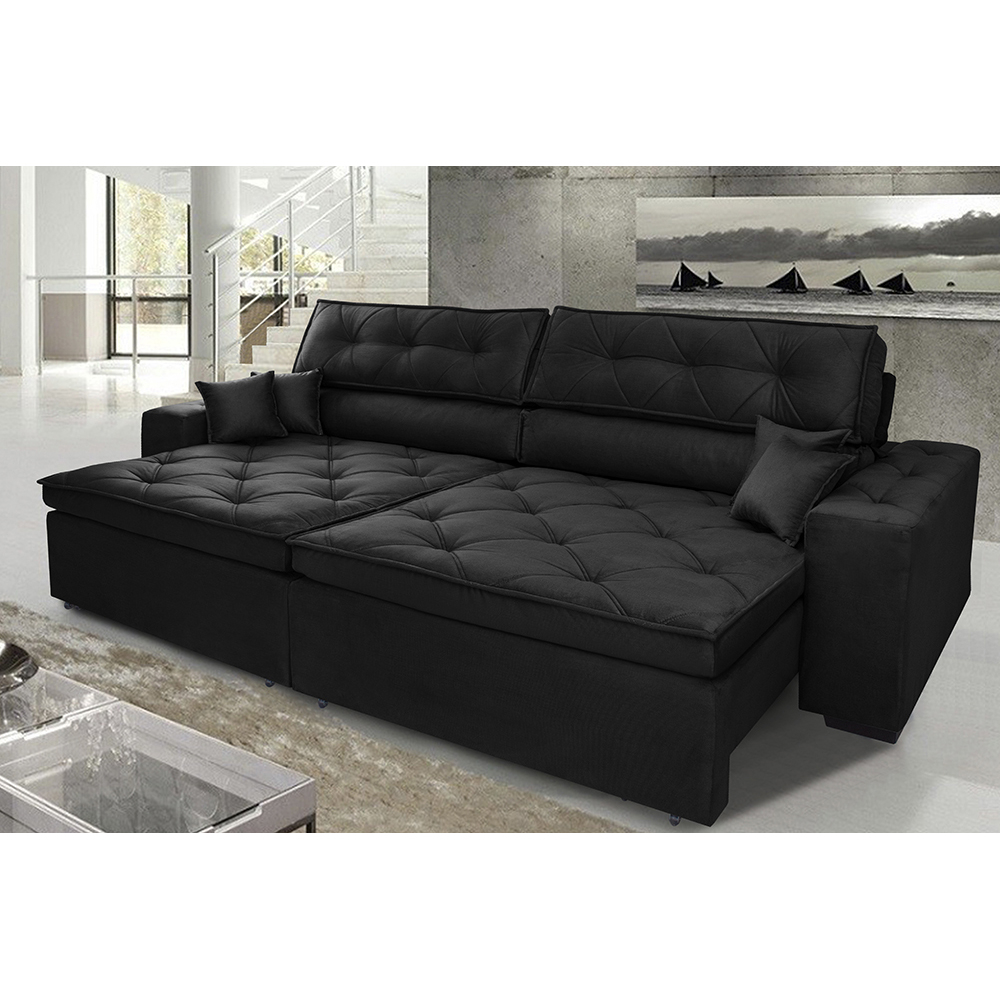 Sofá Austin 2,02m Retrátil, Reclinável com Molas no Assento e Almofadas, Tecido Suede Preto
