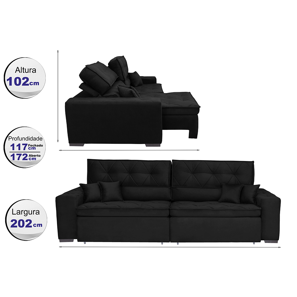 Sofá Austin 2,02m Retrátil, Reclinável com Molas no Assento e Almofadas, Tecido Suede Preto