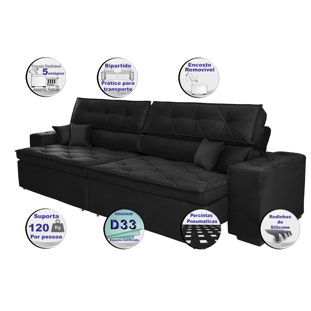 Sofá Austin 2,02m Retrátil, Reclinável com Molas no Assento e Almofadas, Tecido Suede Preto