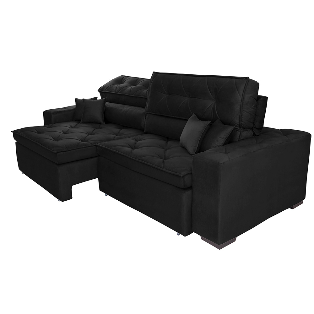 Sofá Austin 2,02m Retrátil, Reclinável com Molas no Assento e Almofadas, Tecido Suede Preto