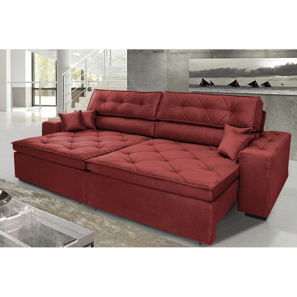 Sofá Austin 2,42m Retrátil, Reclinável com Molas no Assento e Almofadas, Tecido Suede Vermelho