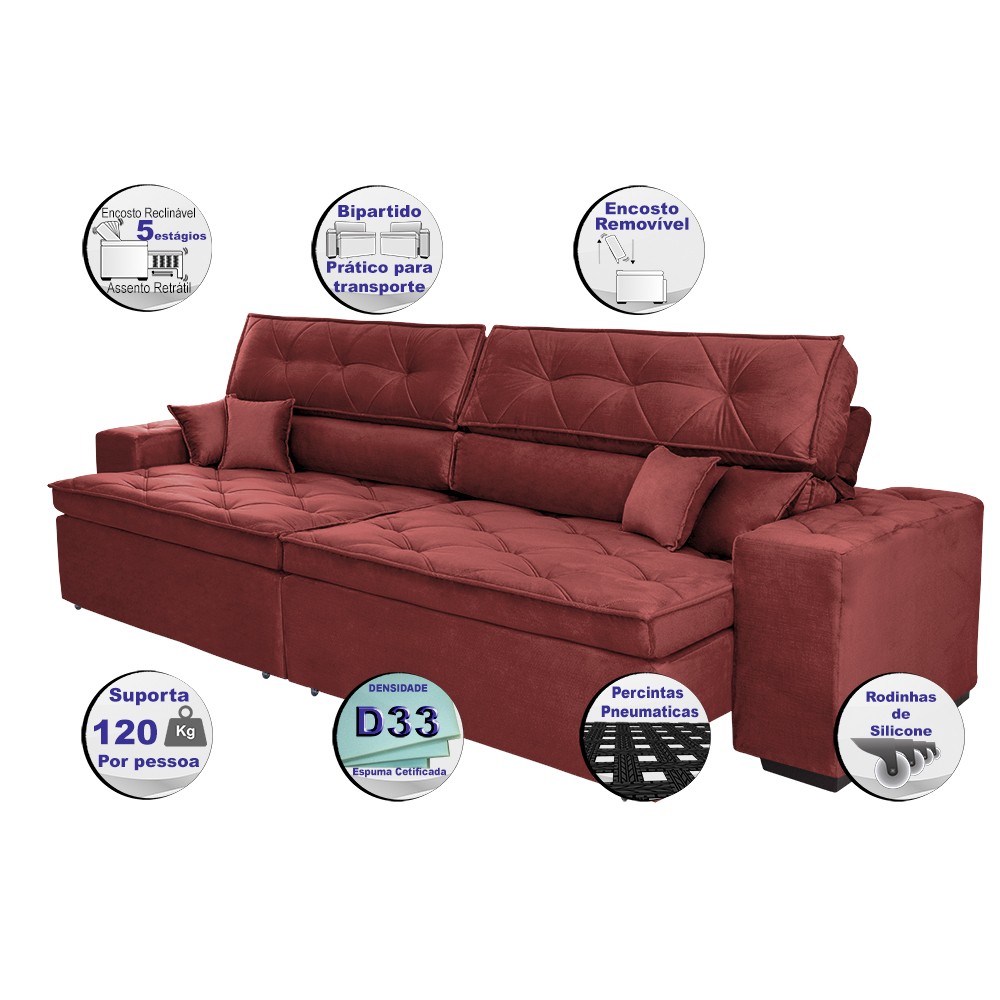 Sofá Austin 2,42m Retrátil, Reclinável com Molas no Assento e Almofadas, Tecido Suede Vermelho
