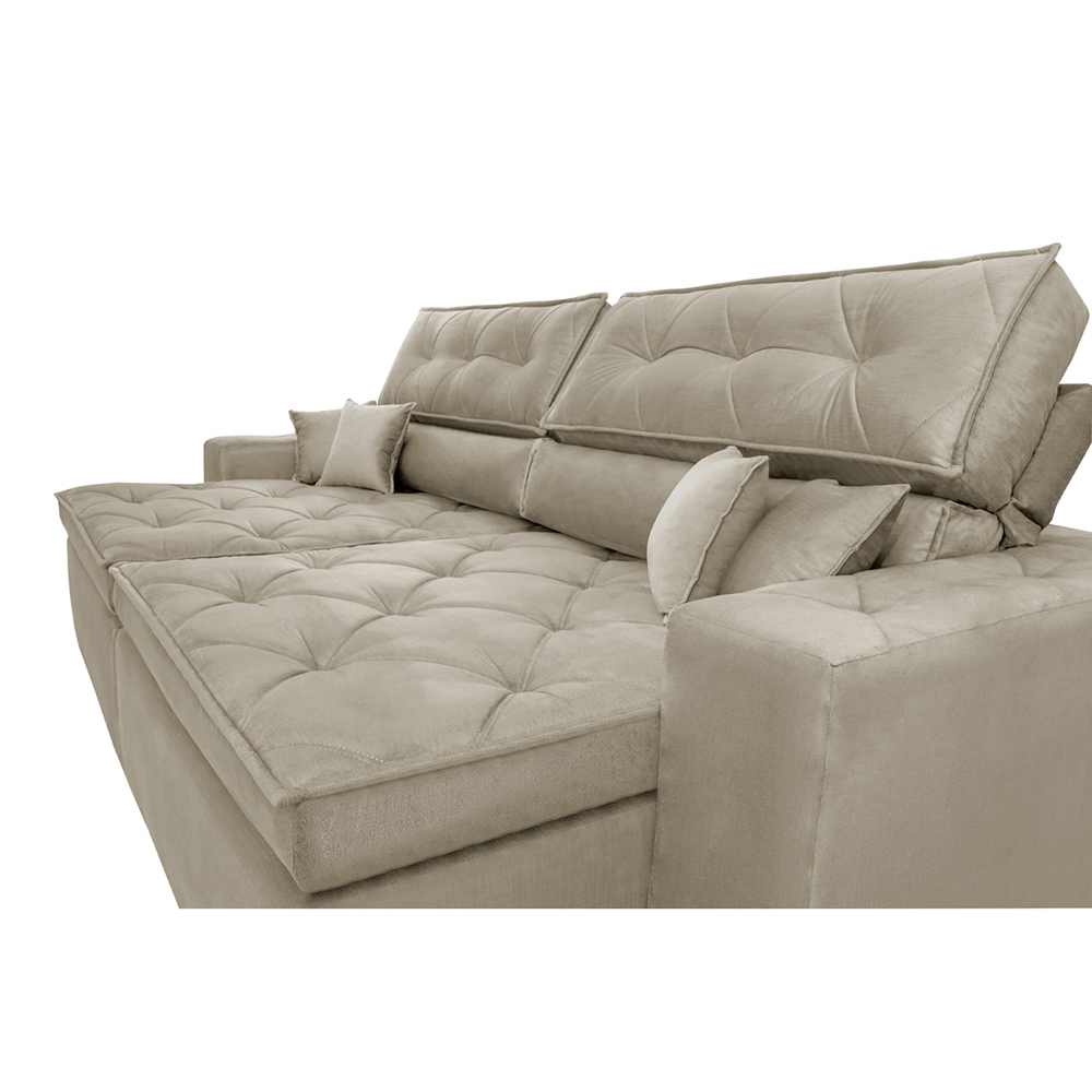 Sofá Austin 2,62m Retrátil Reclinável, Molas no Assento e Almofadas, Tecido Suede Velusoft Bege