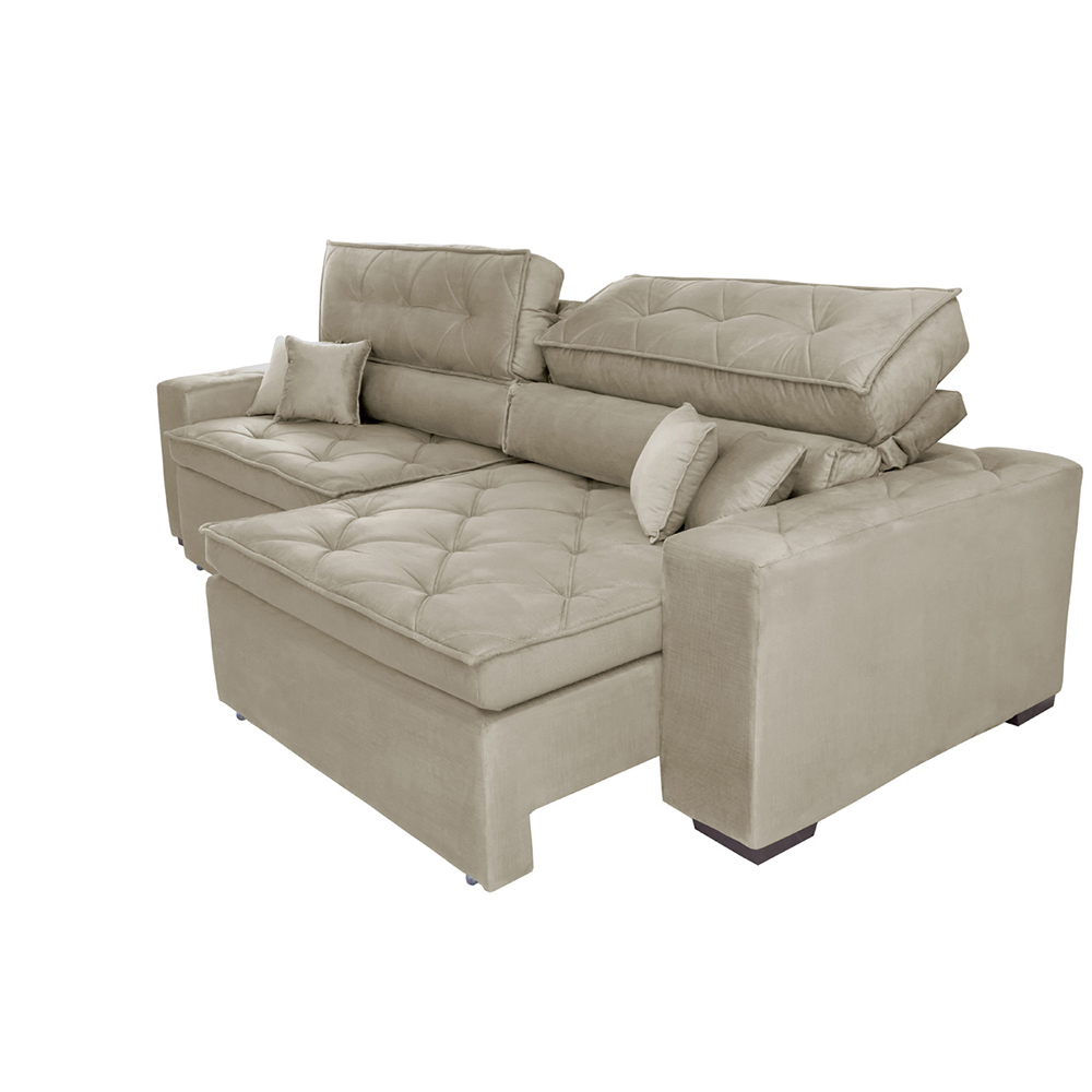 Sofá Austin 2,62m Retrátil Reclinável, Molas no Assento e Almofadas, Tecido Suede Velusoft Bege