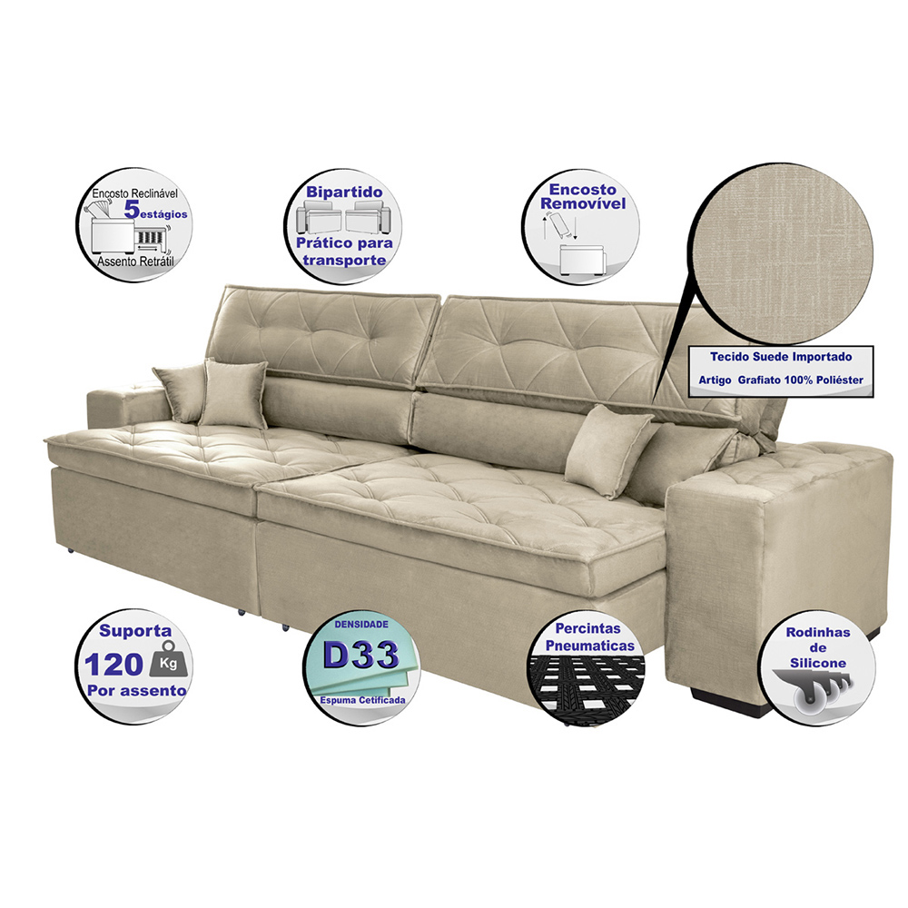 Sofá Austin 2,62m Retrátil Reclinável, Molas no Assento e Almofadas, Tecido Suede Velusoft Bege