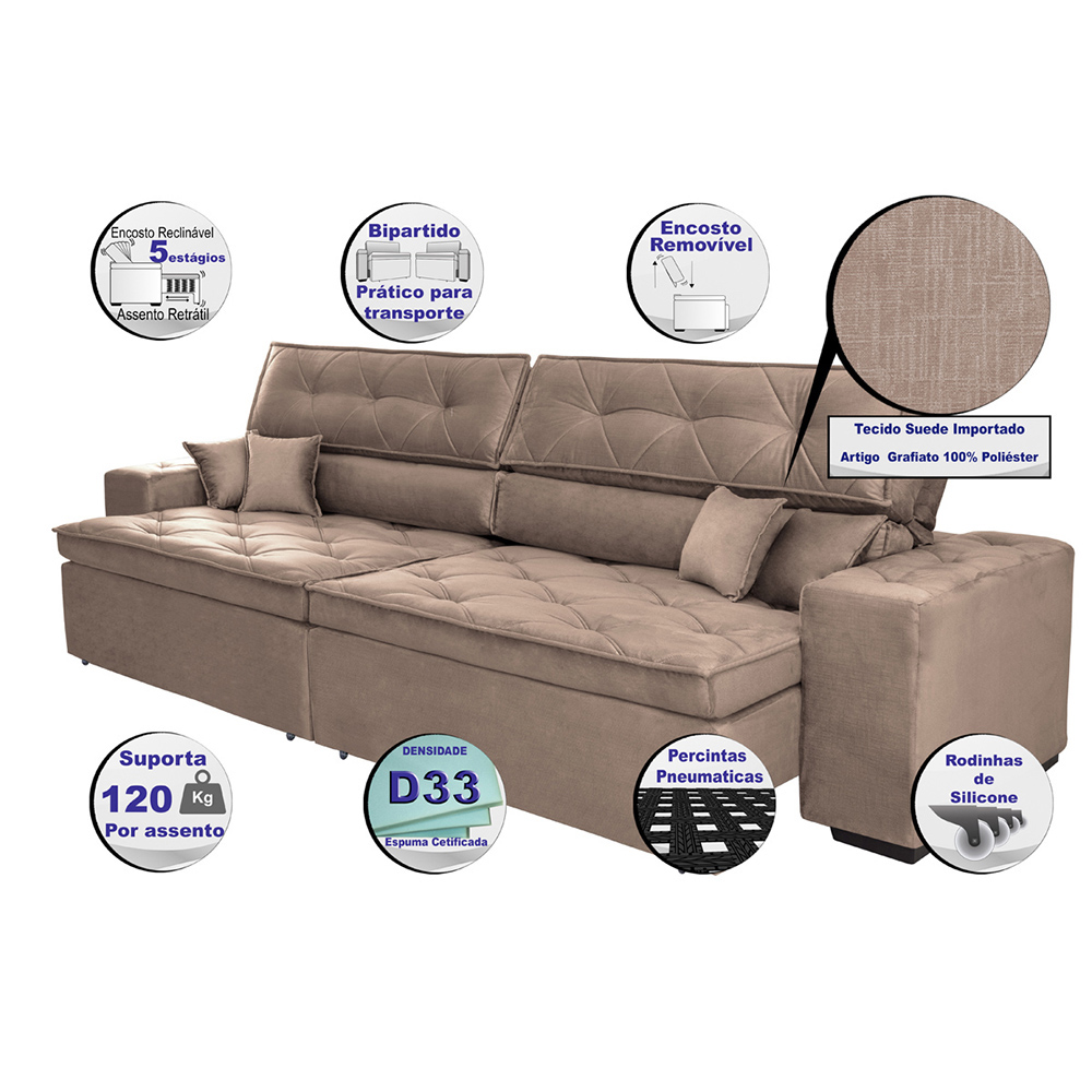Sofá Austin 2,62m Retrátil Reclinável, Molas no Assento e Almofadas, Tecido Suede Velusoft Castor
