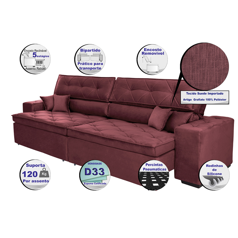 Sofá Austin 2,62m Retrátil Reclinável, Molas no Assento e Almofadas, Tecido Suede Velusoft Vinho