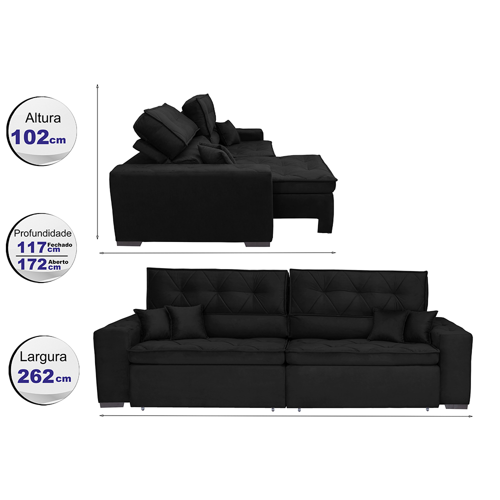 Sofá Austin 2,62m Retrátil, Reclinável com Molas no Assento e Almofadas, Tecido Suede Preto