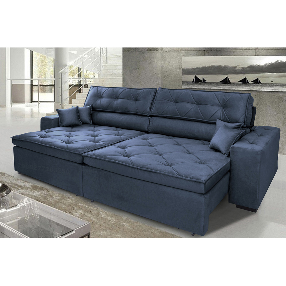 Sofá Austin 2,82m Retrátil Reclinável, Molas no Assento e Almofadas, Tecido Suede Velusoft Azul