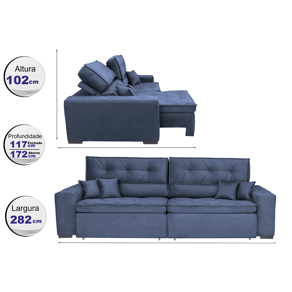 Sofá Austin 2,82m Retrátil Reclinável, Molas no Assento e Almofadas, Tecido Suede Velusoft Azul