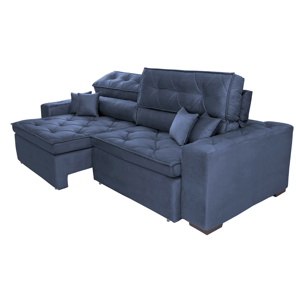 Sofá Austin 2,82m Retrátil Reclinável, Molas no Assento e Almofadas, Tecido Suede Velusoft Azul