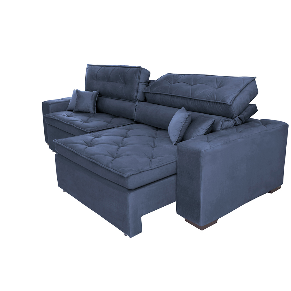 Sofá Austin 2,82m Retrátil Reclinável, Molas no Assento e Almofadas, Tecido Suede Velusoft Azul