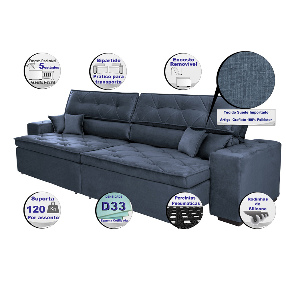 Sofá Austin 2,82m Retrátil Reclinável, Molas no Assento e Almofadas, Tecido Suede Velusoft Azul