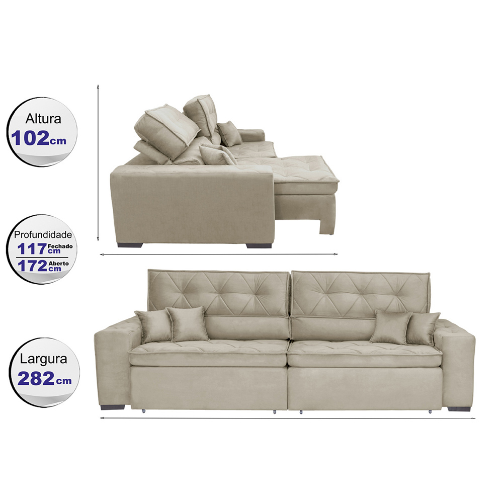 Sofá Austin 2,82m Retrátil Reclinável, Molas no Assento e Almofadas, Tecido Suede Velusoft Bege