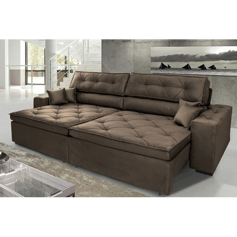 Sofá Austin 2,82m Retrátil Reclinável, Molas no Assento e Almofadas, Tecido Suede Velusoft Café