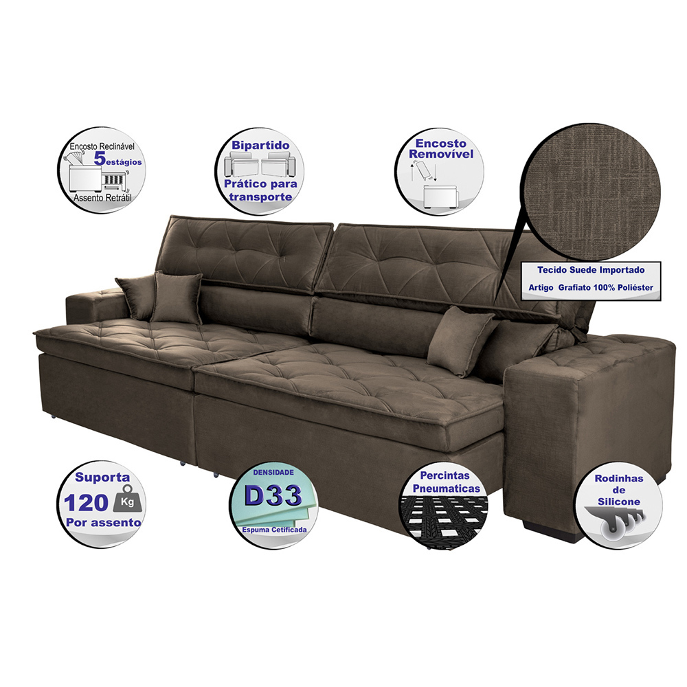 Sofá Austin 2,82m Retrátil Reclinável, Molas no Assento e Almofadas, Tecido Suede Velusoft Café