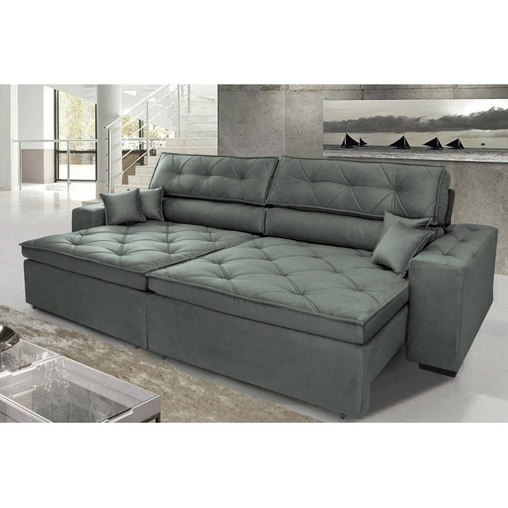 Sofá Austin 2,82m Retrátil Reclinável, Molas no Assento e Almofadas, Tecido Suede Velusoft Grafite