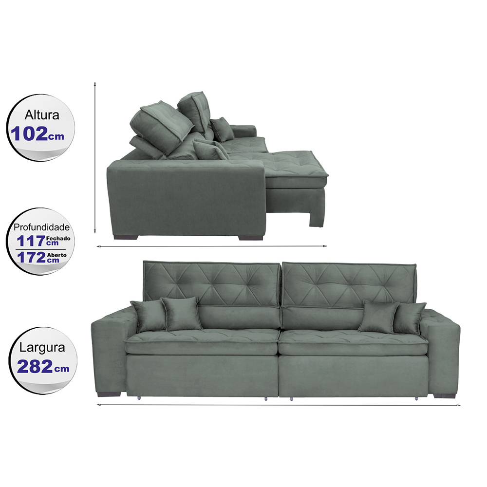 Sofá Austin 2,82m Retrátil Reclinável, Molas no Assento e Almofadas, Tecido Suede Velusoft Grafite