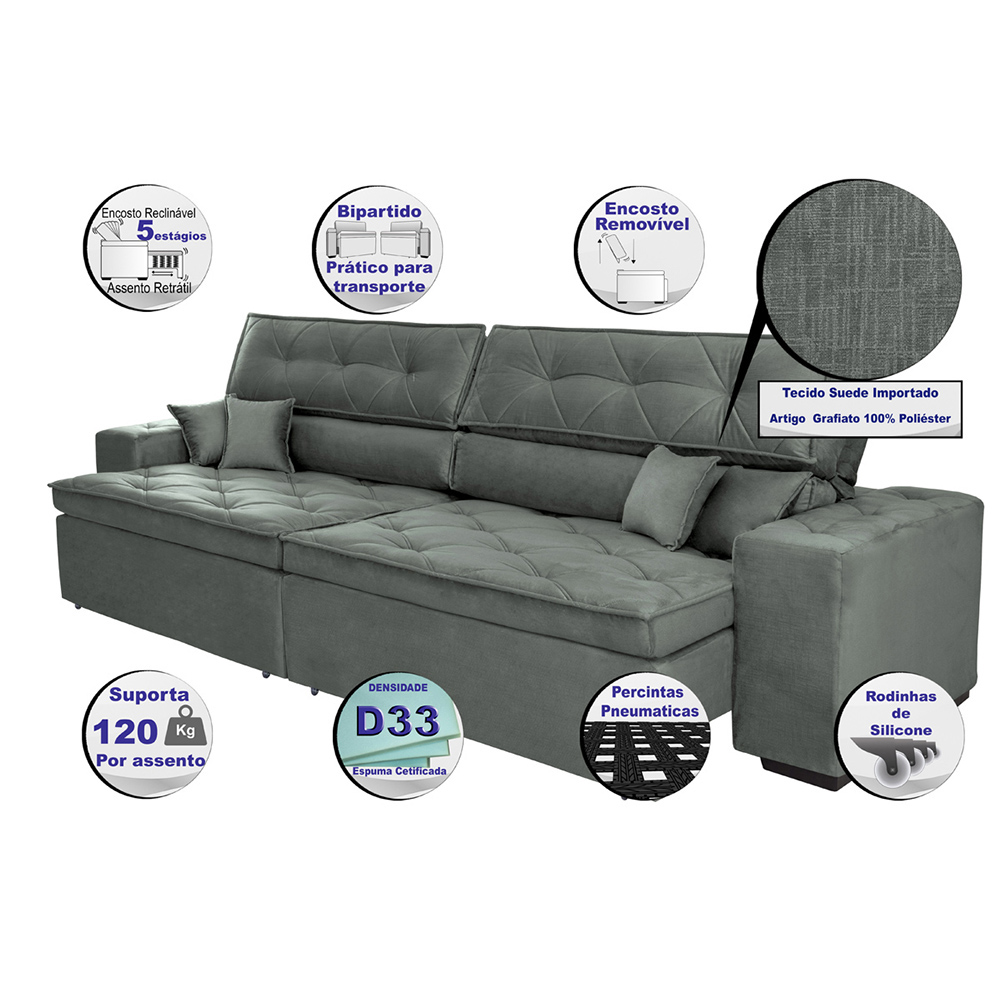 Sofá Austin 2,82m Retrátil Reclinável, Molas no Assento e Almofadas, Tecido Suede Velusoft Grafite