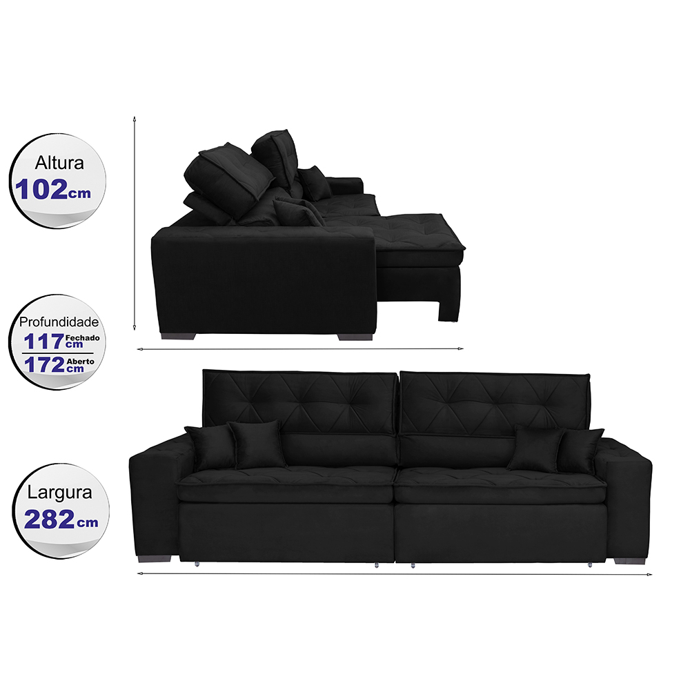 Sofá Austin 2,82m Retrátil, Reclinável, Molas no Assento e Almofadas, Tecido Suede Velusoft Preto