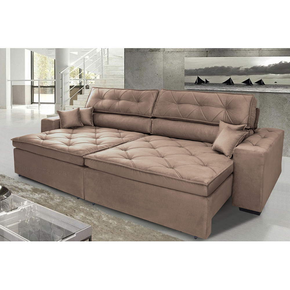 Sofá Austin 3,02m Retrátil Reclinável, Molas no Assento e Almofadas, Tecido Suede Velusoft Castor