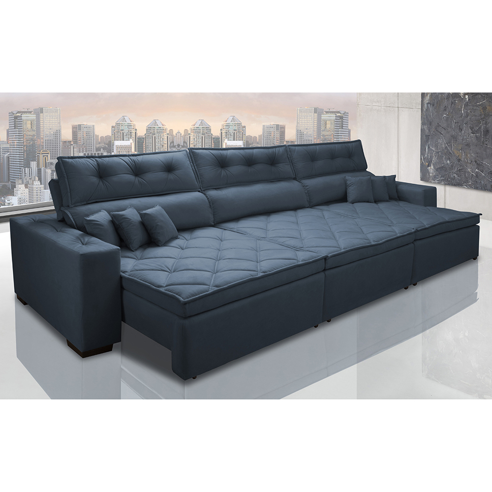 Sofá Austin 3,22m Retrátil, Reclinável com Molas no Assento e Almofadas, Tecido Suede Azul
