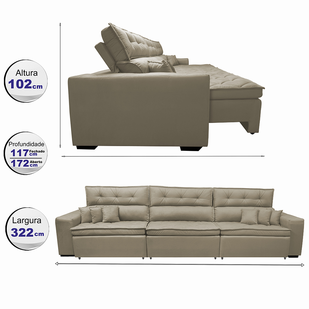 Sofá Austin 3,22m Retrátil, Reclinável com Molas no Assento e Almofadas, Tecido Suede Bege