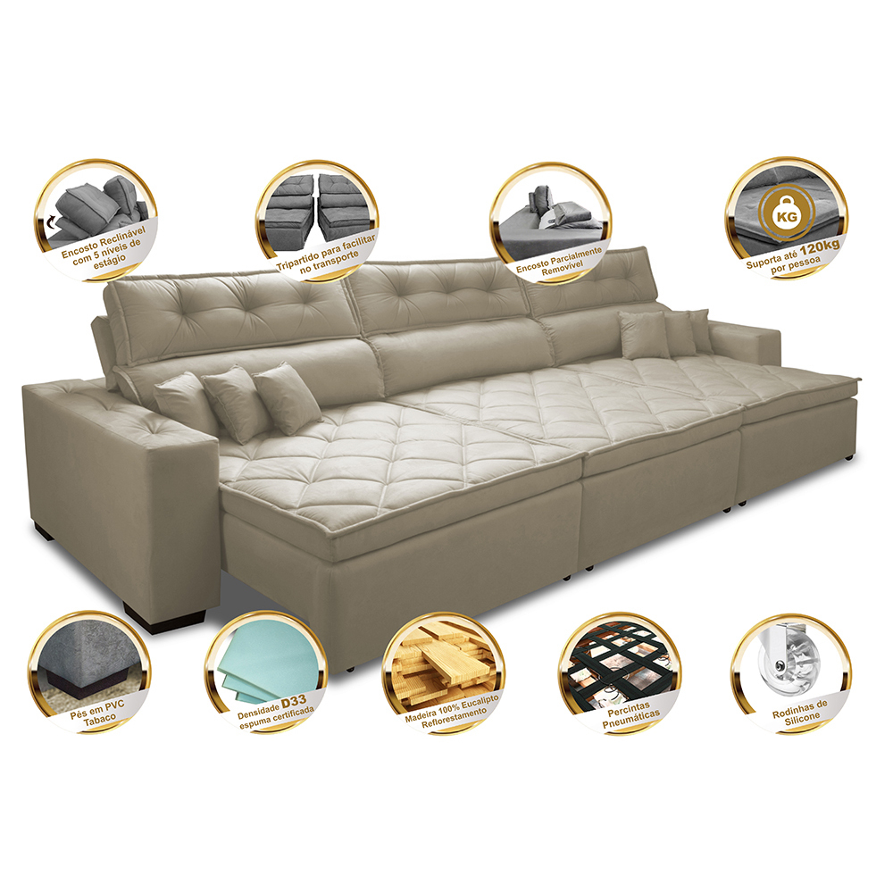 Sofá Austin 3,22m Retrátil, Reclinável com Molas no Assento e Almofadas, Tecido Suede Bege