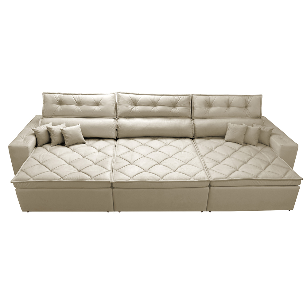 Sofá Austin 3,22m Retrátil, Reclinável com Molas no Assento e Almofadas, Tecido Suede Bege
