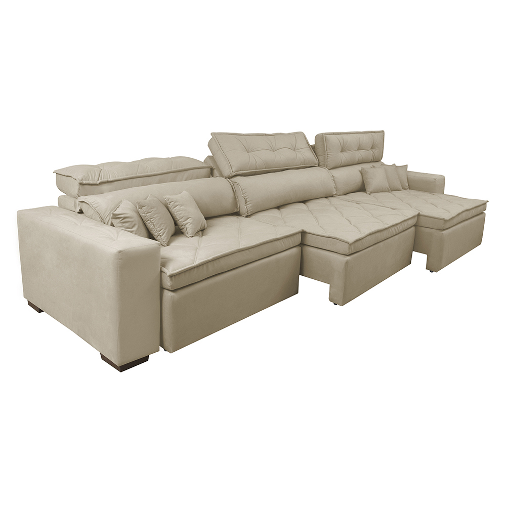 Sofá Austin 3,22m Retrátil, Reclinável com Molas no Assento e Almofadas, Tecido Suede Bege