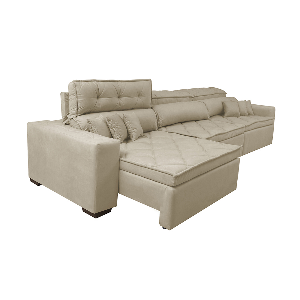 Sofá Austin 3,22m Retrátil, Reclinável com Molas no Assento e Almofadas, Tecido Suede Bege