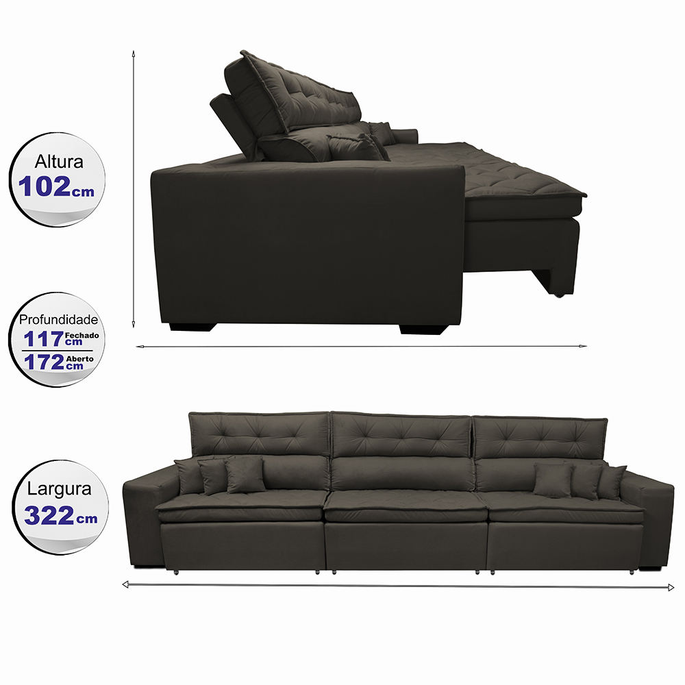 Sofá Austin 3,22m Retrátil, Reclinável com Molas no Assento e Almofadas, Tecido Suede Café