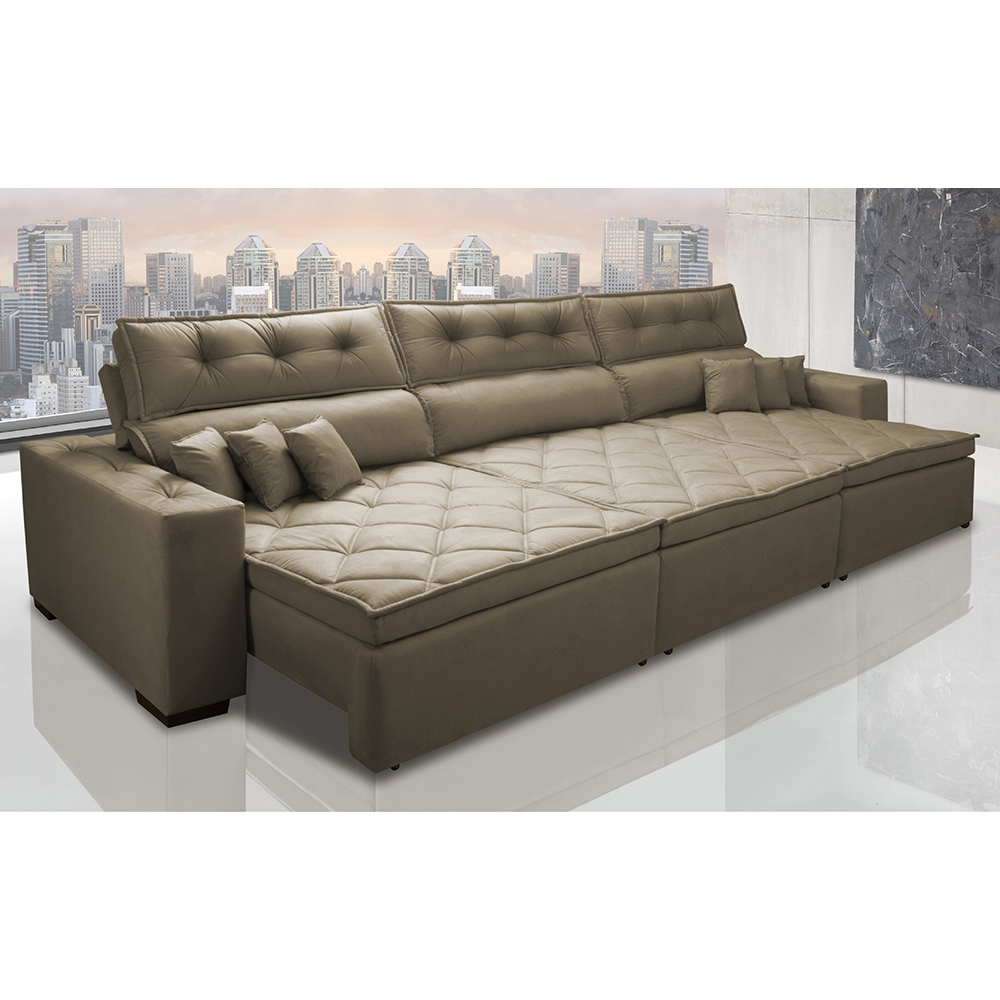 Sofá Austin 3,22m Retrátil, Reclinável com Molas no Assento e Almofadas, Tecido Suede Castor