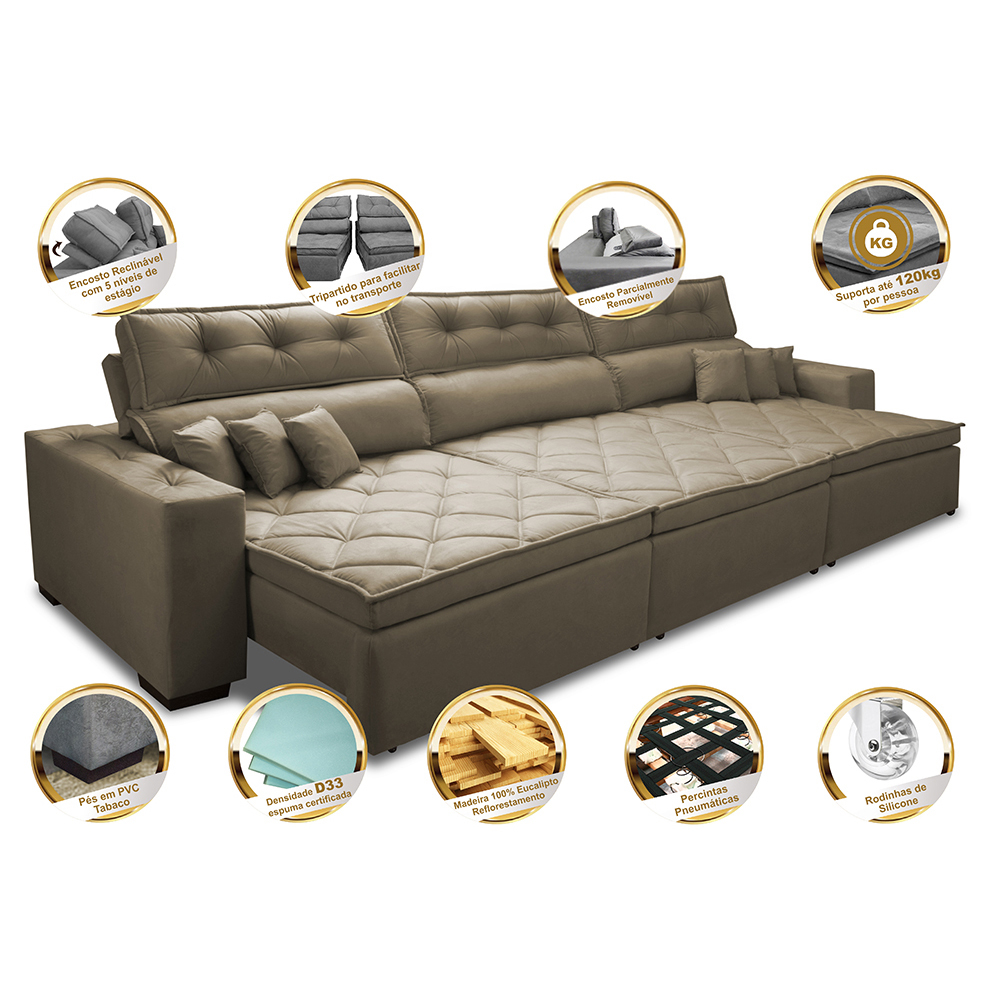 Sofá Austin 3,22m Retrátil, Reclinável com Molas no Assento e Almofadas, Tecido Suede Castor
