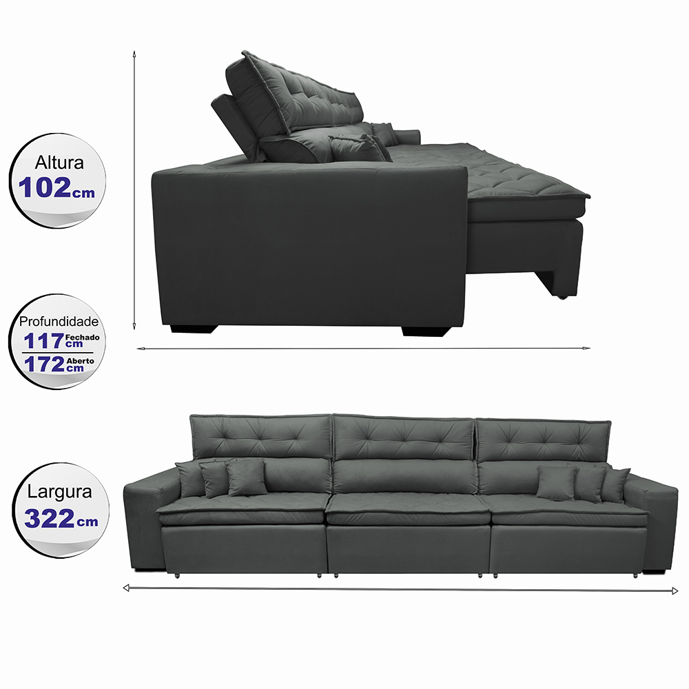 Sofá Austin 3,22m Retrátil, Reclinável com Molas no Assento e Almofadas, Tecido Suede Cinza