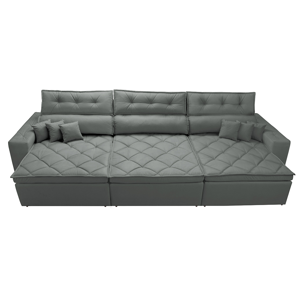 Sofá Austin 3,22m Retrátil, Reclinável com Molas no Assento e Almofadas, Tecido Suede Cinza