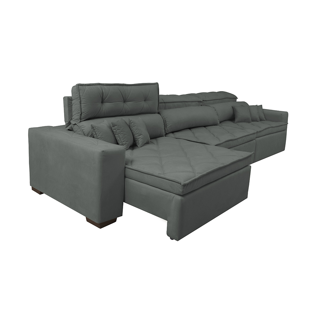 Sofá Austin 3,22m Retrátil, Reclinável com Molas no Assento e Almofadas, Tecido Suede Cinza