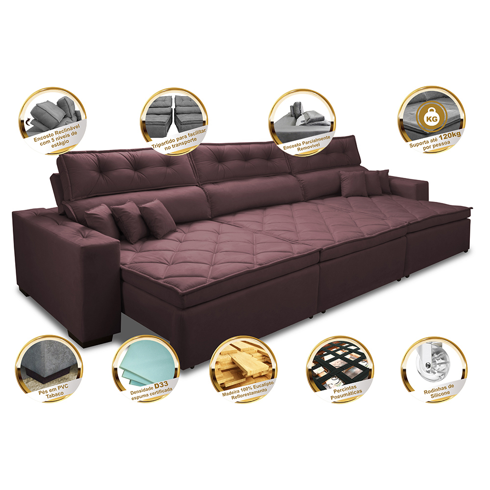 Sofá Austin 3,22m Retrátil, Reclinável com Molas no Assento e Almofadas, Tecido Suede Vinho