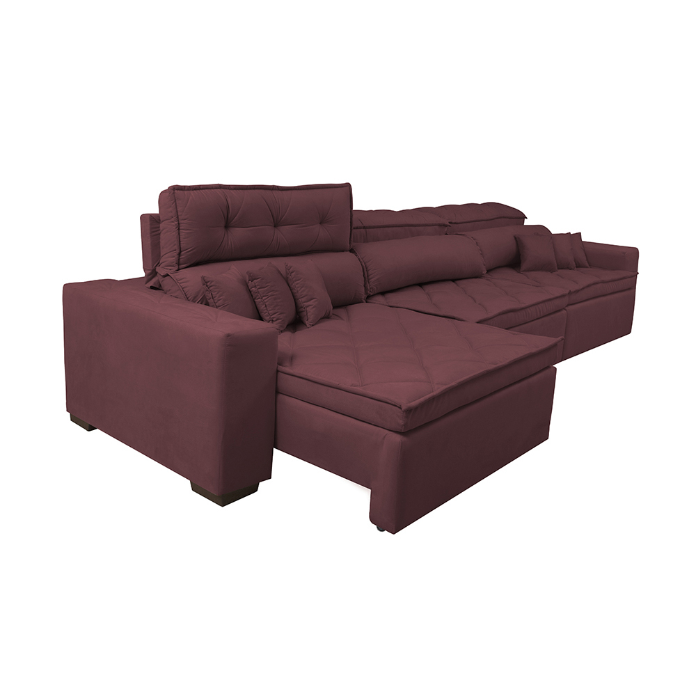 Sofá Austin 3,22m Retrátil, Reclinável com Molas no Assento e Almofadas, Tecido Suede Vinho