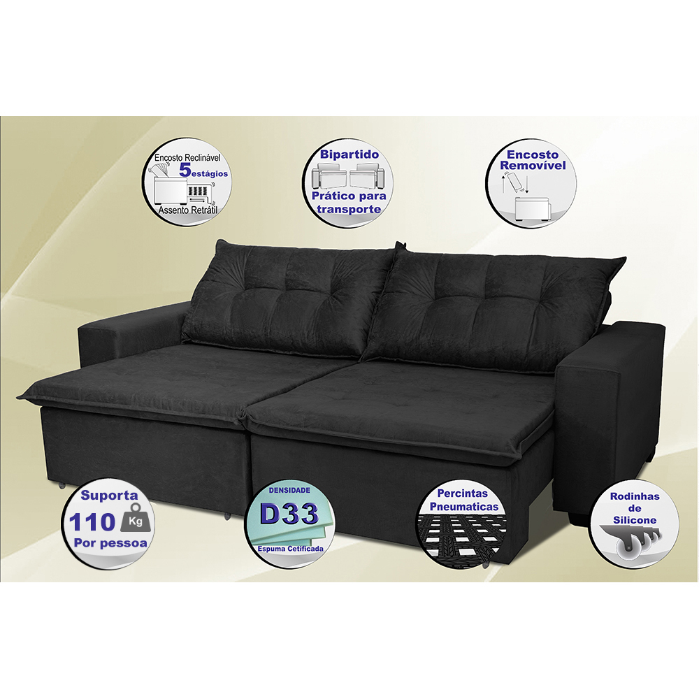 Sofá Austrália 2,32 Mts Retrátil, Reclinável Com Molas e Pillow no Assento Tecido Suede Preto - Cama InBox