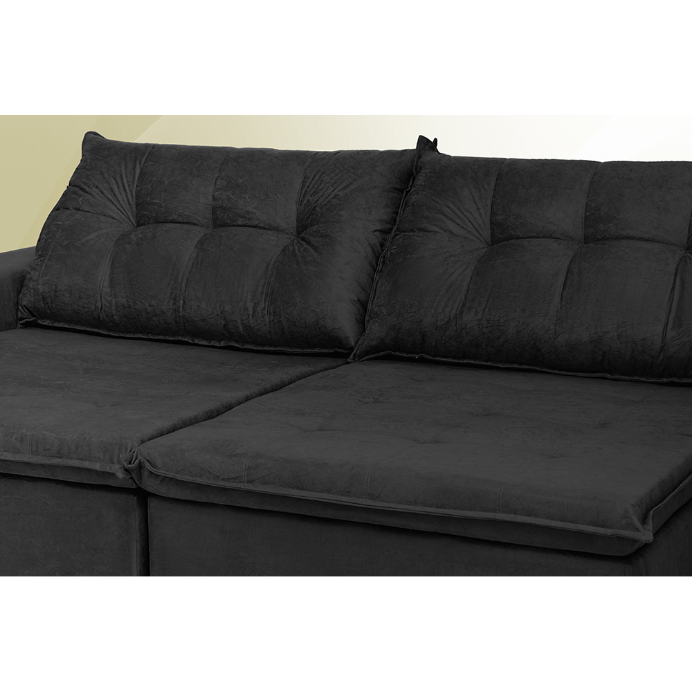 Sofá Austrália 2,32 Mts Retrátil, Reclinável Com Molas e Pillow no Assento Tecido Suede Preto - Cama InBox